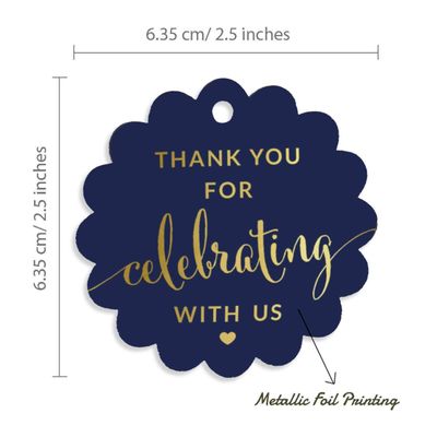 Tags de Papel com Foil Obrigado por Celebrar Conosco para Chá de Panela, Chá de Bebê, Aposentadoria, Casamento, Aniversário - Inkdotpot 100 Etiquetas Metalizadas / Azul - Dourado