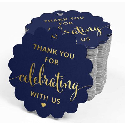 Tags de Papel com Foil Obrigado por Celebrar Conosco para Chá de Panela, Chá de Bebê, Aposentadoria, Casamento, Aniversário - Inkdotpot 100 Etiquetas Metalizadas / Azul - Dourado