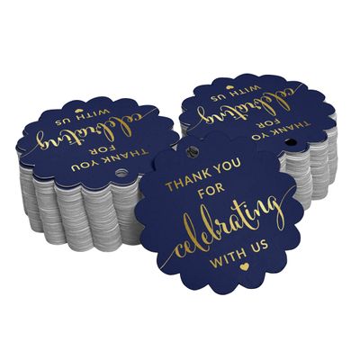 Tags de Papel com Foil Obrigado por Celebrar Conosco para Chá de Panela, Chá de Bebê, Aposentadoria, Casamento, Aniversário - Inkdotpot 100 Etiquetas Metalizadas / Azul - Dourado