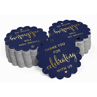 Tags de Papel com Foil Obrigado por Celebrar Conosco para Chá de Panela, Chá de Bebê, Aposentadoria, Casamento, Aniversário - Inkdotpot 100 Etiquetas Metalizadas / Azul - Dourado