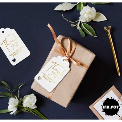 Tags de Papel com Foil Obrigado por Compartilhar Nosso Dia para Chá de Panela/Chá de Bebê/Aposentadoria/Casamento/Aniversário - Inkdotpot 100 Etiquetas Metalizadas / Branco - Dourado