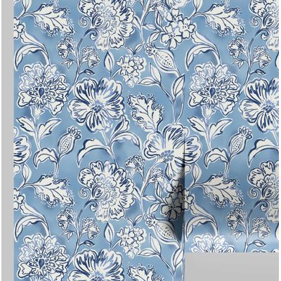 Revestimento Autoadesivo Removível Floral de Jardim Manual, Mural Estilo Asiático Azul para Banheiro, Lavanderia e Armário - S4Sassy 63,5 cm (L) × 304,8 cm (C) / Azul - Vinil Liso
