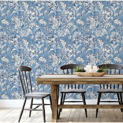 Revestimento Autoadesivo Removível Floral de Jardim Manual, Mural Estilo Asiático Azul para Banheiro, Lavanderia e Armário - S4Sassy 63,5 cm (L) × 609,6 cm (C) / Azul - Vinil Liso