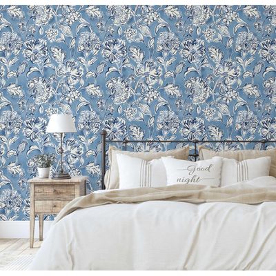Revestimento Autoadesivo Removível Floral de Jardim Manual, Mural Estilo Asiático Azul para Banheiro, Lavanderia e Armário - S4Sassy 63,5 cm (L) × 609,6 cm (C) / Azul - Vinil Liso