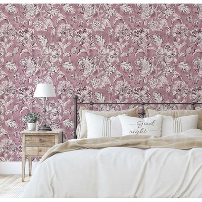Papel de Parede Vinil Autoadesivo Floral Desenhado à Mão Removível Mural Estilo Asiático para Banheiro Lavanderia Armário Rosa - S4Sassy 63,5 cm (L) × 304,8 cm (C) / Rosa - Vinil Liso
