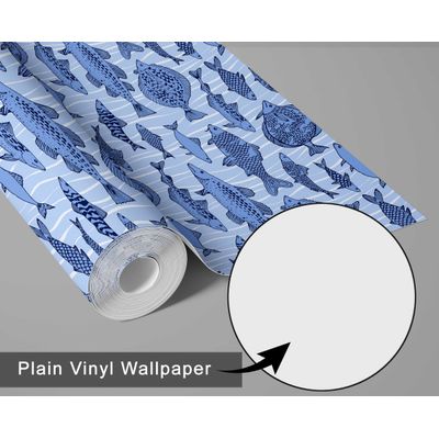 Papel de Parede Vinílico Adesivo Removível Mosaico de Peixes do Oceano Azul para Banheiro, Lavanderia e Armário - S4Sassy 63,5 cm (L) × 304,8 cm (C) / Azul - Vinil Liso