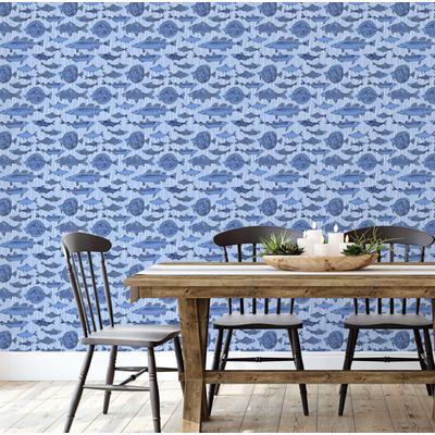 Papel de Parede Vinílico Adesivo Removível Mosaico de Peixes do Oceano Azul para Banheiro, Lavanderia e Armário - S4Sassy 63,5 cm (L) × 304,8 cm (C) / Azul - Vinil Liso