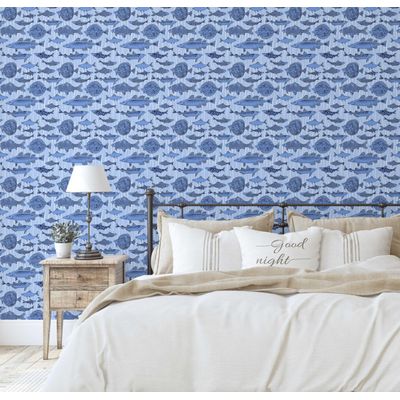 Papel de Parede Vinílico Adesivo Removível Mosaico de Peixes do Oceano Azul para Banheiro, Lavanderia e Armário - S4Sassy 63,5 cm (L) × 304,8 cm (C) / Azul - Vinil Liso