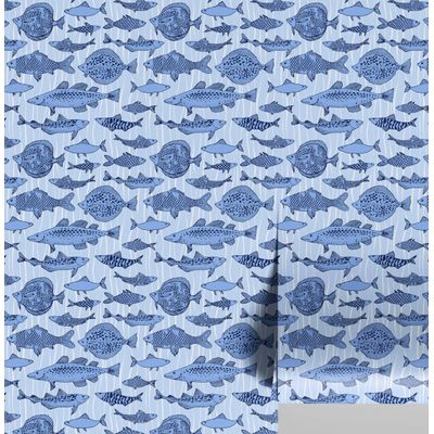 Papel de Parede Vinílico Adesivo Removível Mosaico de Peixes do Oceano Azul para Banheiro, Lavanderia e Armário - S4Sassy 63,5 cm (L) × 304,8 cm (C) / Azul - Vinil Liso