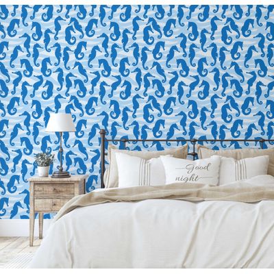 Revestimento Autoadesivo para Parede - Cavalo-Marinho Monocromático em Ondas, Azul Removível p/ Banheiro, Lavanderia e Armário - S4Sassy 63,5 cm (L) × 304,8 cm (C) / Azul - Vinil Liso