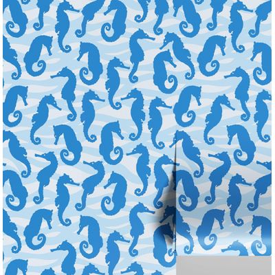 Revestimento Autoadesivo para Parede - Cavalo-Marinho Monocromático em Ondas, Azul Removível p/ Banheiro, Lavanderia e Armário - S4Sassy 63,5 cm (L) × 304,8 cm (C) / Azul - Vinil Liso