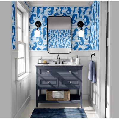 Revestimento Autoadesivo para Parede - Cavalo-Marinho Monocromático em Ondas, Azul Removível p/ Banheiro, Lavanderia e Armário - S4Sassy 63,5 cm (L) × 304,8 cm (C) / Azul - Vinil Liso