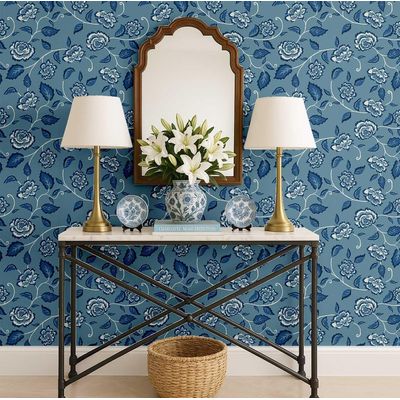 Vinil Autoadesivo Azul com Vinhas de Rosas, à Prova d'Água, Removível, Estilo Asiático para Quarto/Sala/Armários/Aluguel - S4Sassy 63,5 cm (L) × 304,8 cm (C) / Azul - Vinil Liso