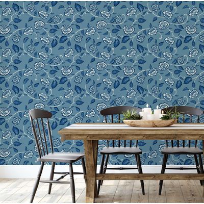 Vinil Autoadesivo Azul com Vinhas de Rosas, à Prova d'Água, Removível, Estilo Asiático para Quarto/Sala/Armários/Aluguel - S4Sassy 63,5 cm (L) × 304,8 cm (C) / Azul - Vinil Liso