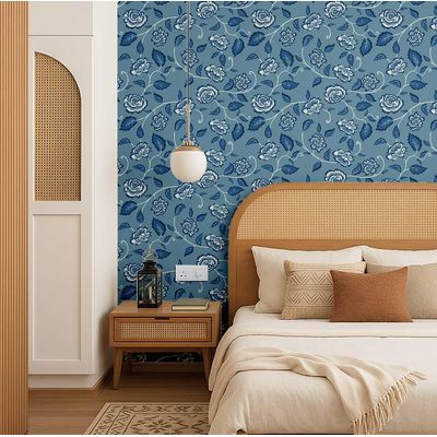 Vinil Autoadesivo Azul com Vinhas de Rosas, à Prova d'Água, Removível, Estilo Asiático para Quarto/Sala/Armários/Aluguel - S4Sassy 63,5 cm (L) × 304,8 cm (C) / Azul - Vinil Liso