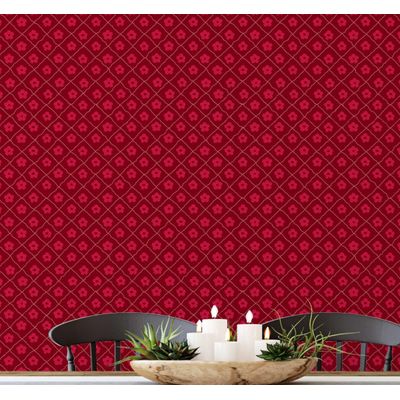 Papel de Parede Vinílico Autoadesivo Removível Xadrez Floral Pequeno Estilo Asiático para Banheiro, Lavanderia e Armário Vermelho - S4Sassy 63,5 cm (L) × 609,6 cm (C) / Vermelho - Vinil Liso