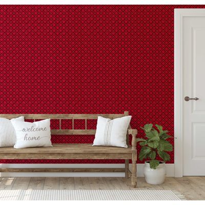 Papel de Parede Vinílico Autoadesivo Removível Xadrez Floral Pequeno Estilo Asiático para Banheiro, Lavanderia e Armário Vermelho - S4Sassy 63,5 cm (L) × 609,6 cm (C) / Vermelho - Vinil Liso