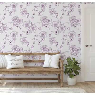 Contact Vinílico Impermeável Removível Inspirado na Natureza, Flores em Arte Linear Minimalista para Paredes, Armários, Cômoda - S4Sassy 63,5 cm (L) × 304,8 cm (C) / Roxo - Vinil Liso