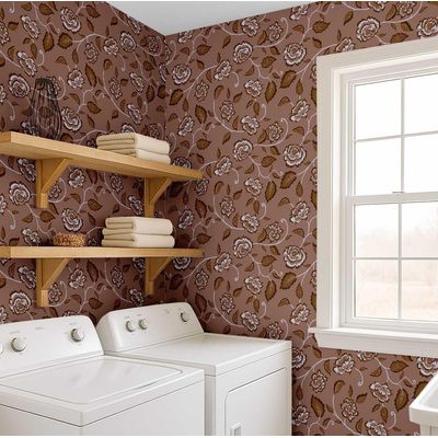 Papel de Parede Vinílico Autoadesivo, Ramos de Rosa Marrom Impermeável Removível Estilo Asiático para Quartos e Sala, Armários - S4Sassy 63,5 cm (L) × 304,8 cm (C) / Marrom - Vinil Liso