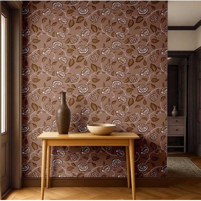 Papel de Parede Vinílico Autoadesivo, Ramos de Rosa Marrom Impermeável Removível Estilo Asiático para Quartos e Sala, Armários - S4Sassy 63,5 cm (L) × 304,8 cm (C) / Marrom - Vinil Liso