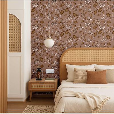 Papel de Parede Vinílico Autoadesivo, Ramos de Rosa Marrom Impermeável Removível Estilo Asiático para Quartos e Sala, Armários - S4Sassy 63,5 cm (L) × 304,8 cm (C) / Marrom - Vinil Liso