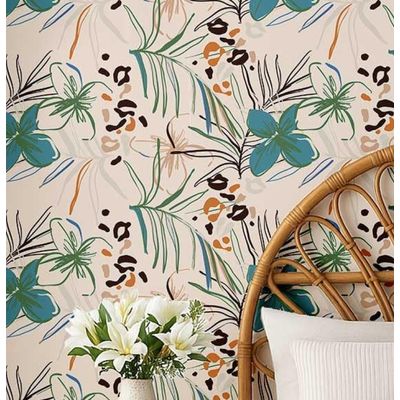 Papel de Parede Vinílico Autoadesivo Floral Tropical Impermeável - Bege, Removível, para Quartos, Espaços de Inquilinos e Armários - S4Sassy 63,5 cm (L) × 304,8 cm (C) / Bege - Vinil Liso