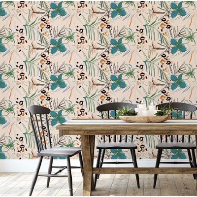 Papel de Parede Vinílico Autoadesivo Floral Tropical Impermeável - Bege, Removível, para Quartos, Espaços de Inquilinos e Armários - S4Sassy 63,5 cm (L) × 304,8 cm (C) / Bege - Vinil Liso