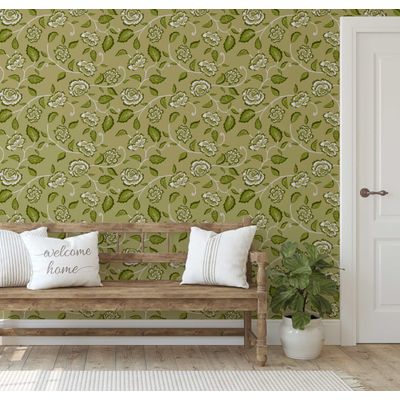 Vinil Autoadesivo Trepadeiras de Rosas Verde Impermeável Removível, Estilo Asiático, para Quartos/Sala/Locação/Armários - S4Sassy 63,5 cm (L) × 609,6 cm (C) / Verde - Vinil Liso