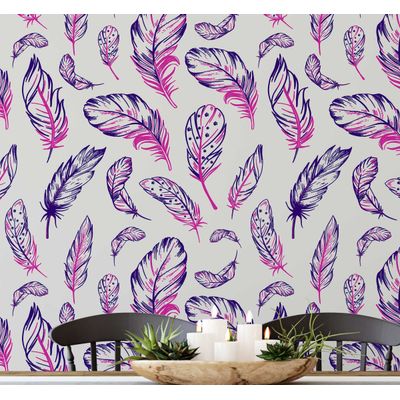 Papel de Parede Estampado de Penas Boho Roxo, Vinílico Autoadesivo, Decoração DIY Fácil para Quarto, Sala, Armários e Ambientes - S4Sassy 63,5 cm (L) × 304,8 cm (C) / Roxo - Vinil Liso