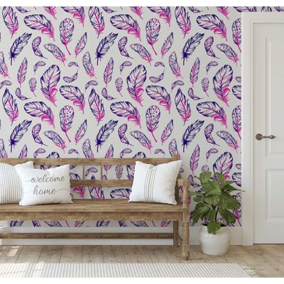 Papel de Parede Estampado de Penas Boho Roxo, Vinílico Autoadesivo, Decoração DIY Fácil para Quarto, Sala, Armários e Ambientes - S4Sassy 63,5 cm (L) × 304,8 cm (C) / Roxo - Vinil Liso