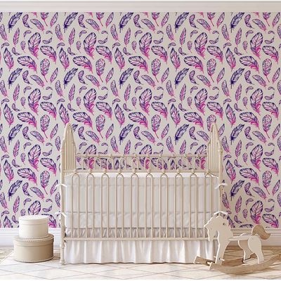 Papel de Parede Estampado de Penas Boho Roxo, Vinílico Autoadesivo, Decoração DIY Fácil para Quarto, Sala, Armários e Ambientes - S4Sassy 63,5 cm (L) × 304,8 cm (C) / Roxo - Vinil Liso
