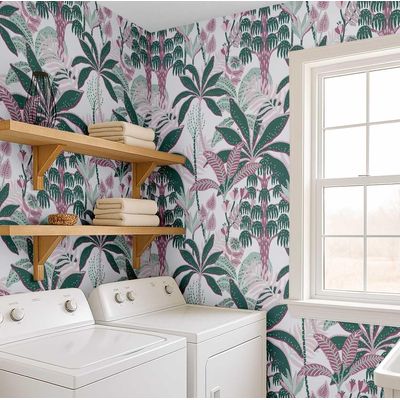 Revestimento de Parede Autoadesivo Removível Vinílico Estampa de Bananeira Tropical Verde para Banheiro, Lavanderia, Armário - S4Sassy 63,5 cm (L) × 609,6 cm (C) / Verde - Vinil Liso