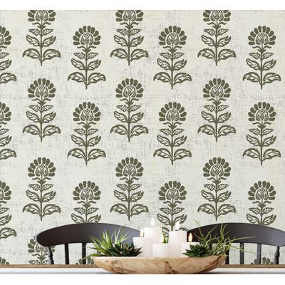 Vinil Autoadesivo Floral Étnico Verde Impermeável Removível Estilo Asiático para Quartos, Salas, Espaços de Locação e Armários - S4Sassy 63,5 cm (L) × 304,8 cm (C) / Verde - Vinil Liso