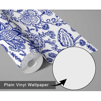 Papel de Parede Vinílico Adesivo Floral Esboçado Impermeável Azul, Removível, Estilo Asiático para Quartos, Sala, Armários - S4Sassy 63,5 cm (L) × 304,8 cm (C) / Azul - Vinil Liso