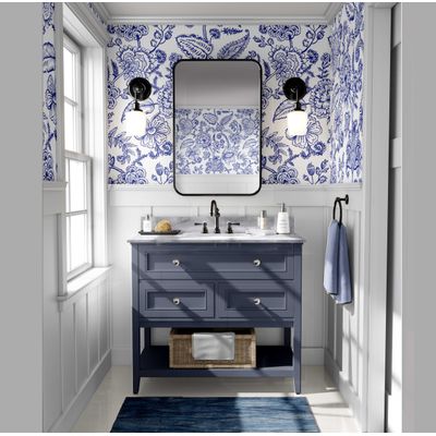 Papel de Parede Vinílico Adesivo Floral Esboçado Impermeável Azul, Removível, Estilo Asiático para Quartos, Sala, Armários - S4Sassy 63,5 cm (L) × 304,8 cm (C) / Azul - Vinil Liso