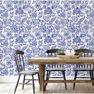 Papel de Parede Vinílico Adesivo Floral Esboçado Impermeável Azul, Removível, Estilo Asiático para Quartos, Sala, Armários - S4Sassy 63,5 cm (L) × 304,8 cm (C) / Azul - Vinil Liso