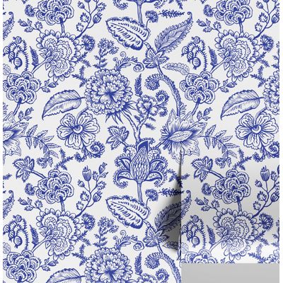 Papel de Parede Vinílico Adesivo Floral Esboçado Impermeável Azul, Removível, Estilo Asiático para Quartos, Sala, Armários - S4Sassy 63,5 cm (L) × 304,8 cm (C) / Azul - Vinil Liso