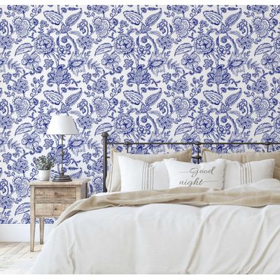 Papel de Parede Vinílico Adesivo Floral Esboçado Impermeável Azul, Removível, Estilo Asiático para Quartos, Sala, Armários - S4Sassy 63,5 cm (L) × 304,8 cm (C) / Azul - Vinil Liso