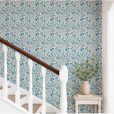Papel de Parede Vinílico Autoadesivo Removível Estampa Folhas e Vinhas Azul Impermeável para Salas, para Inquilinos, Armários - S4Sassy 63,5 cm (L) × 304,8 cm (C) / Azul - Vinil Liso