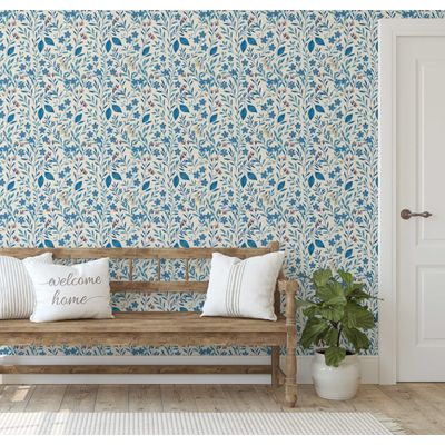 Papel de Parede Vinílico Autoadesivo Removível Estampa Folhas e Vinhas Azul Impermeável para Salas, para Inquilinos, Armários - S4Sassy 63,5 cm (L) × 304,8 cm (C) / Azul - Vinil Liso