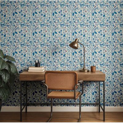 Papel de Parede Vinílico Autoadesivo Removível Estampa Folhas e Vinhas Azul Impermeável para Salas, para Inquilinos, Armários - S4Sassy 63,5 cm (L) × 304,8 cm (C) / Azul - Vinil Liso
