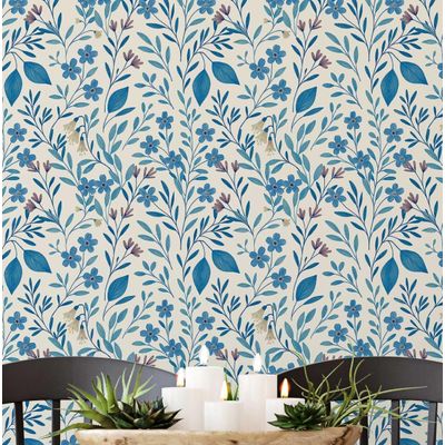 Papel de Parede Vinílico Autoadesivo Removível Estampa Folhas e Vinhas Azul Impermeável para Salas, para Inquilinos, Armários - S4Sassy 63,5 cm (L) × 304,8 cm (C) / Azul - Vinil Liso