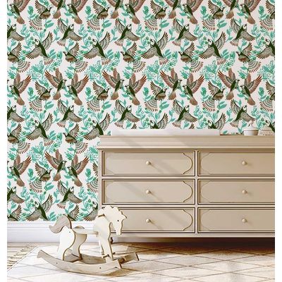 Rolo Vinílico Autoadesivo Removível Inspirado na Natureza, Impermeável, Pássaro Azul e Folhagem para Paredes e Armários, Verde - S4sassy 63,5 cm (L) × 304,8 cm (C) / Verde - Vinil Liso