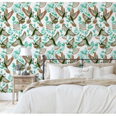 Rolo Vinílico Autoadesivo Removível Inspirado na Natureza, Impermeável, Pássaro Azul e Folhagem para Paredes e Armários, Verde - S4sassy 63,5 cm (L) × 304,8 cm (C) / Verde - Vinil Liso