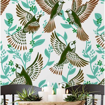 Rolo Vinílico Autoadesivo Removível Inspirado na Natureza, Impermeável, Pássaro Azul e Folhagem para Paredes e Armários, Verde - S4sassy 63,5 cm (L) × 304,8 cm (C) / Verde - Vinil Liso