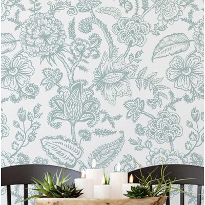 Papel de Parede Vinílico Autocolante Floral Esboçado Verde, Impermeável e Removível, Estilo Asiático para Quartos, Sala e Armários - S4Sassy 63,5 cm (L) × 914,4 cm (C) / Verde - Vinil Liso