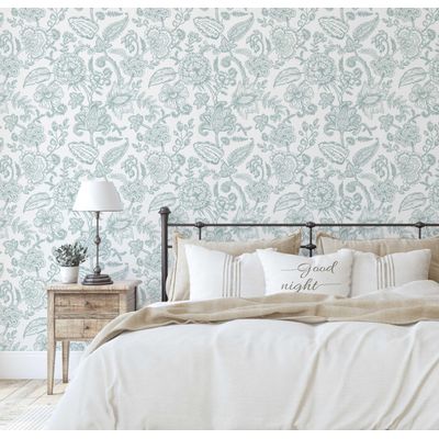 Papel de Parede Vinílico Autocolante Floral Esboçado Verde, Impermeável e Removível, Estilo Asiático para Quartos, Sala e Armários - S4Sassy 63,5 cm (L) × 914,4 cm (C) / Verde - Vinil Liso