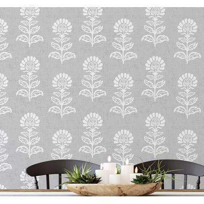 Vinil Autoadesivo com Estampa Ethnic Bloom, Impermeável, Cinza, Removível, Estilo Asiático, Quartos, Salas, Aluguel, Armários - S4Sassy 63,5 cm (L) × 304,8 cm (C) / Cinza - Vinil Liso
