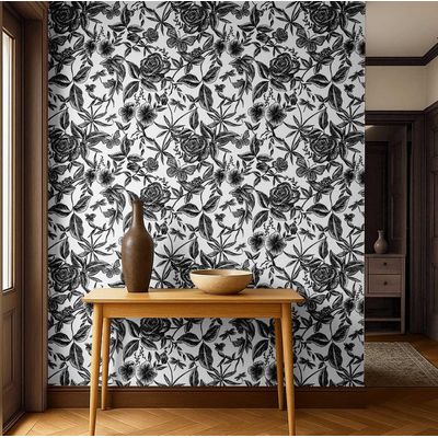 Papel Contato Vinílico Removível À Prova D'Água, Estampa Jardim de Rosas Gravado para Paredes, Armários e Cômoda - Preto - S4Sassy 63,5 cm (L) × 304,8 cm (C) / Preto - Vinil Liso