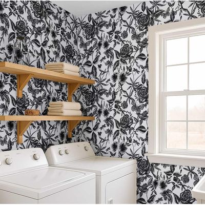 Papel Contato Vinílico Removível À Prova D'Água, Estampa Jardim de Rosas Gravado para Paredes, Armários e Cômoda - Preto - S4Sassy 63,5 cm (L) × 304,8 cm (C) / Preto - Vinil Liso